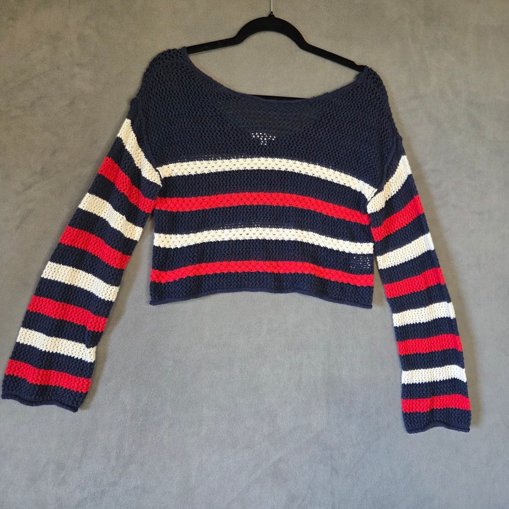 Moon & Madison Striped Cropped Open Knit Sweater Women Small Coastal Boho